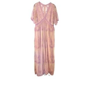 PinkBlush Pink Lilac Lace Mesh Overlay Maxi Dress Boho Fairy Feminine V-Neck L